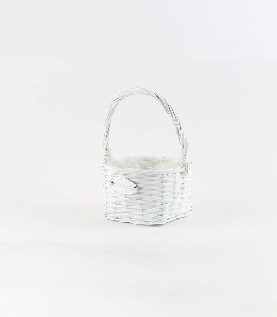 White square wicker basket with arched handle and fabric lining for luxury gift presentation