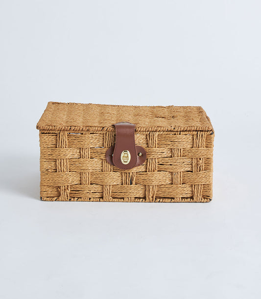 Basketeer premium woven gift basket with a sturdy lid and elegant brown leather-