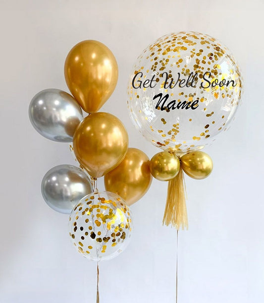 Gold and silver confetti balloon set with personalised Get Well Soon message and gold tassel