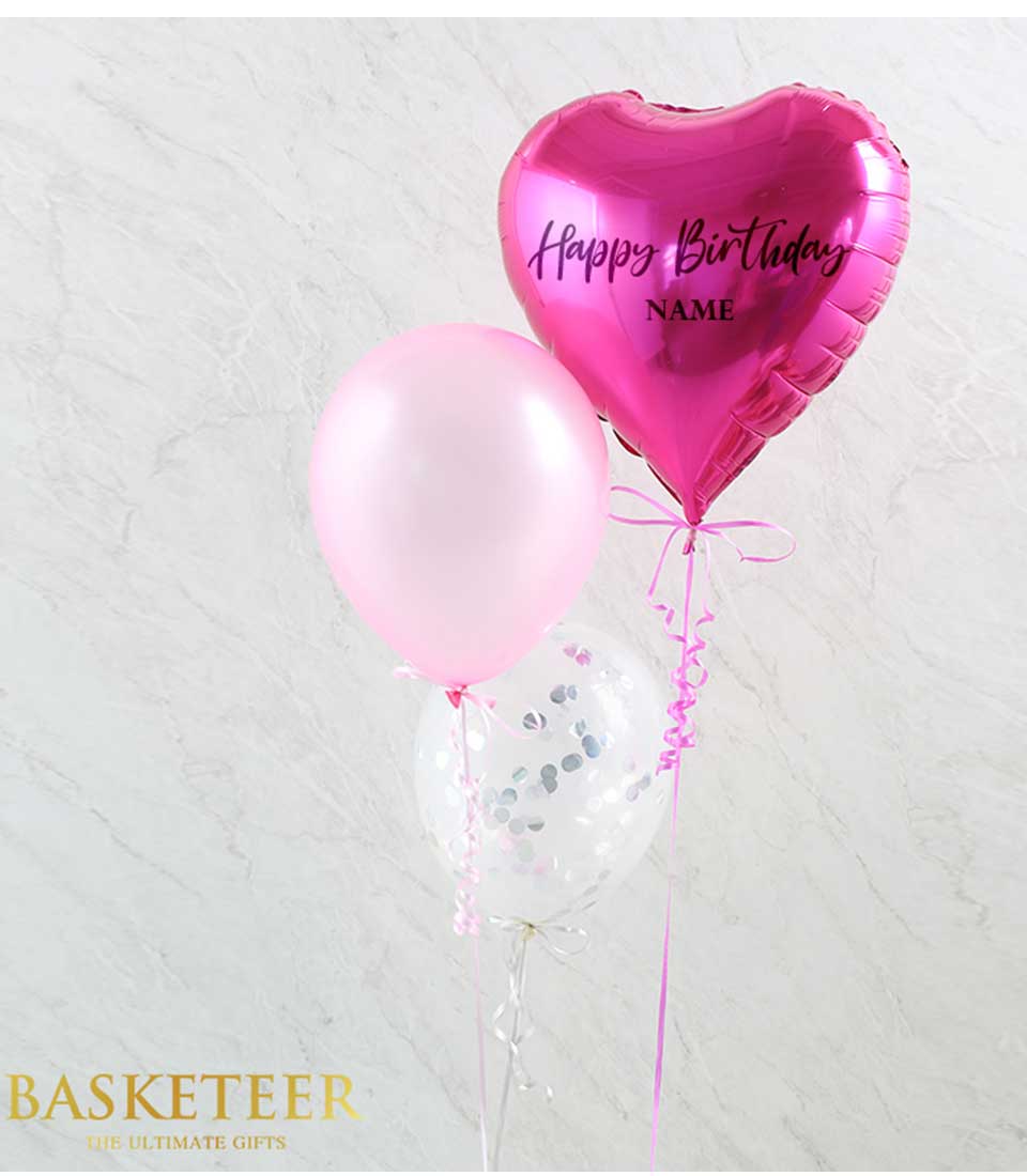 Sweet pink balloon birthday gift set with personalized heart foil balloon and confetti-filled latex balloons