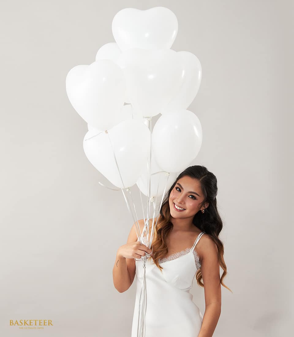 White heart and round balloons bouquet with silver ribbons, elegant gift for her