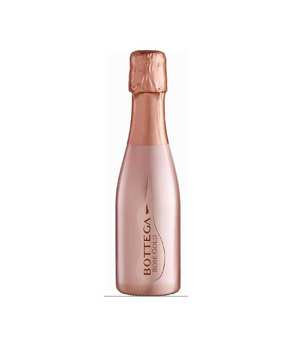 Rose gold Bottega Spumante Brut mini bottle with metallic finish, elegant celebratory sparkling wine gift