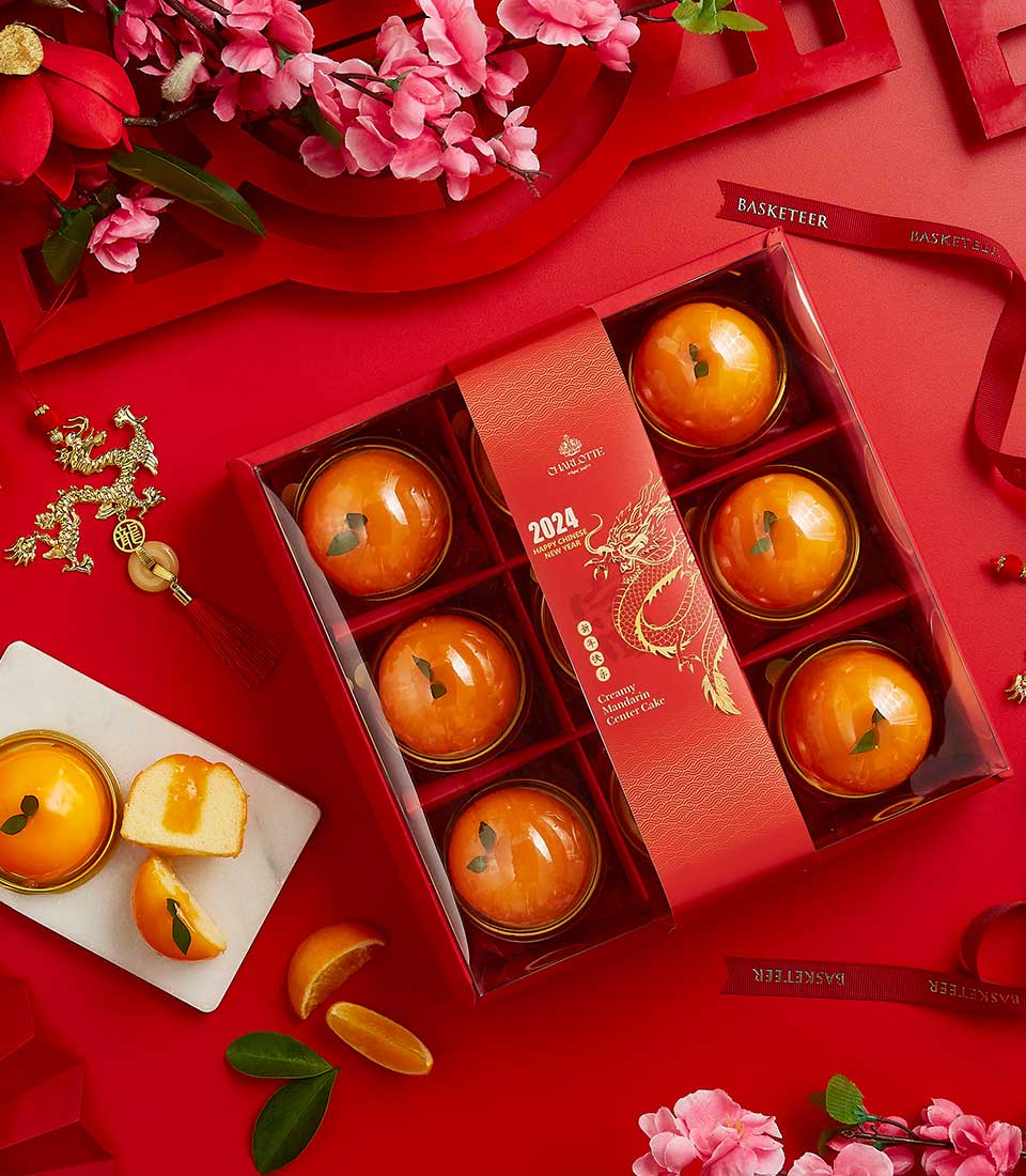 Creamy Mandarin Center Cake small gift set in red CNY box with golden dragon motif and pink cherry blossoms