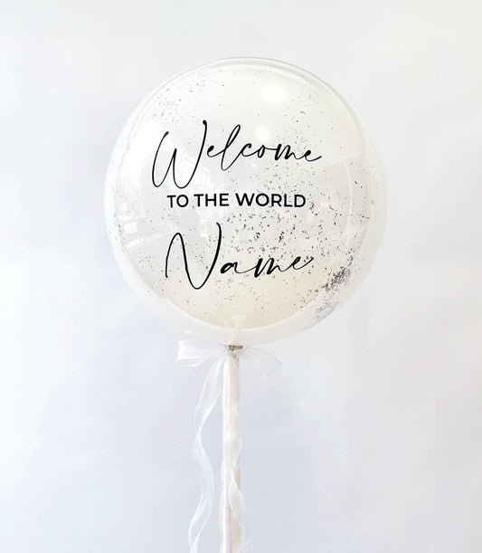 Welcome to the World personalized silver confetti balloon with white ribbon