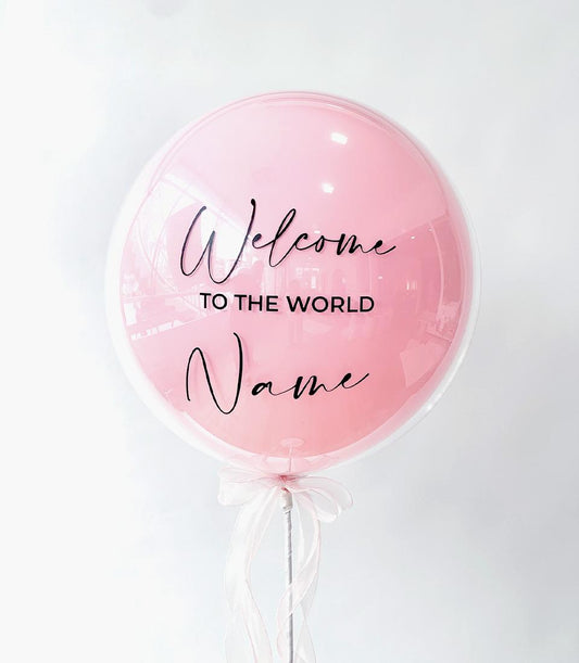 Welcome to the World custom baby balloon gift with pink ribbon bow