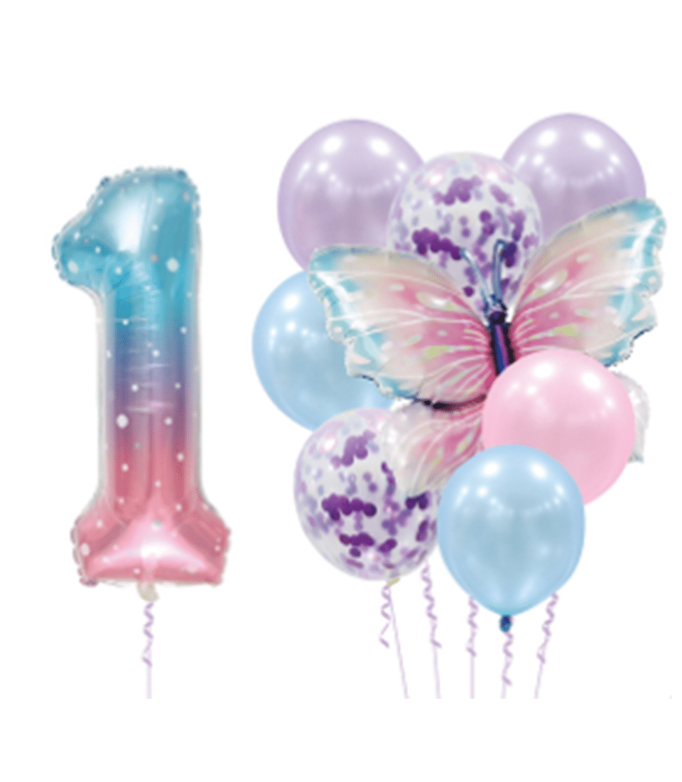 Pastel butterfly number balloon set with pink and blue foil number, latex balloons and confetti-filled spheres for first