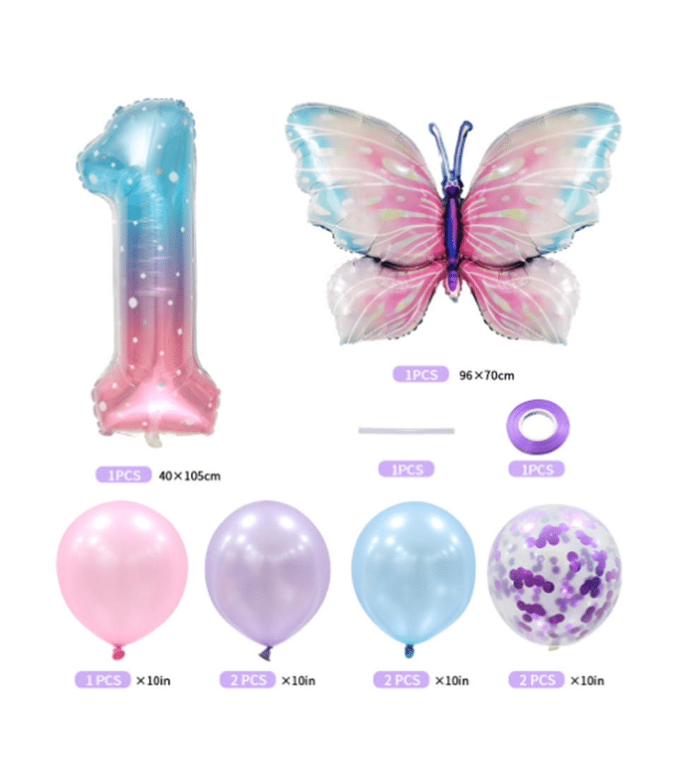 Pastel butterfly and number 1 foil balloon set with latex balloons and purple ribbon for first birthday celebrations