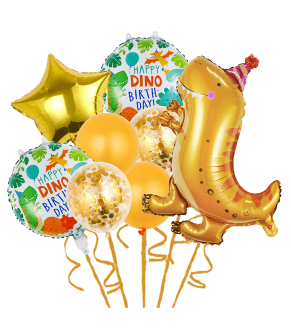 Basketeer Bangkok: Cheerful birthday gift balloon set. Features gold star, dino-themed, and confetti balloons for a fun, festive celebration in Thailand.