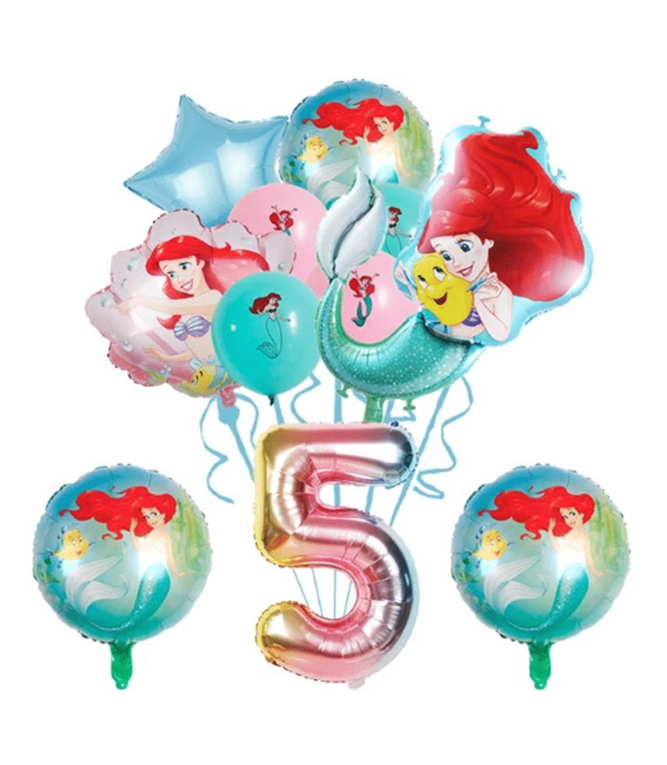 Ocean Princess Ariel Fantasy Balloon set with character foil balloons, star shape, and number 5 for kids' birthdays