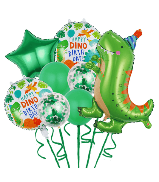 Vibrant green dinosaur-themed balloon ensemble with T-Rex and confetti balloons for kids' birthday parties