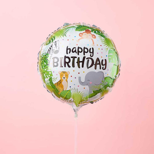 Jungle animal Happy Birthday foil balloon with monkey, zebra, cheetah and elephant for kids' celebrations