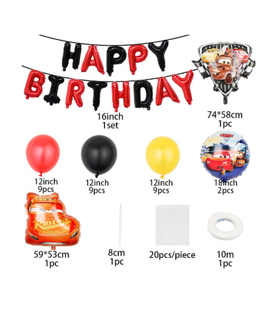 Disney Cars Happy Birthday balloon set with red and black letter balloons, Lightning McQueen foil balloons, and colorful