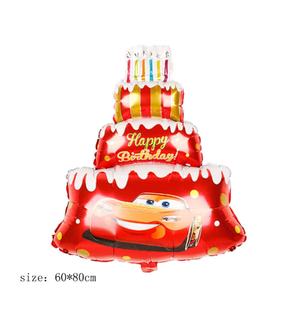 Red and gold birthday cake foil balloon with Lightning McQueen design for kids' celebrations