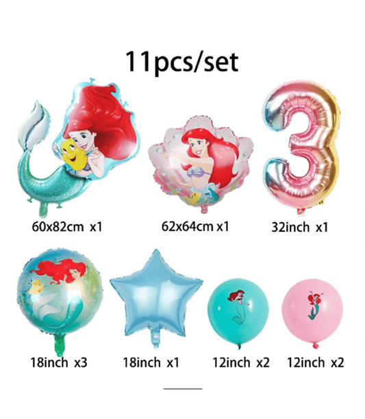 Ariel Ocean Princess foil and latex balloon set with number 3 for kids' birthday party