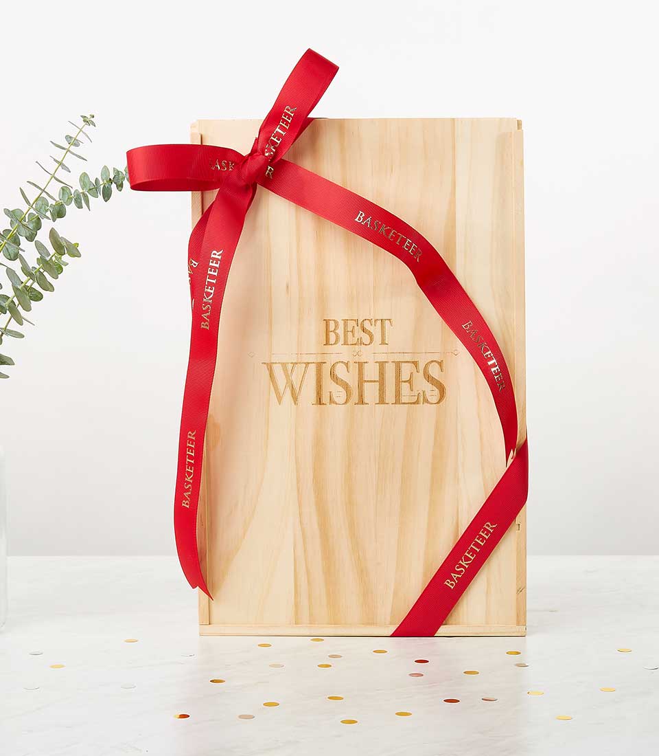 Premium Double Heritage Syrah 2020 wine gift box with gold ribbon and eucalyptus styling