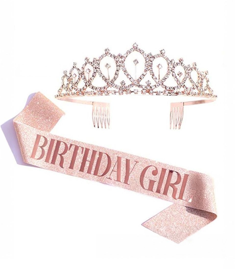 Rose gold Birthday Girl sash and rhinestone tiara set for celebration parties
