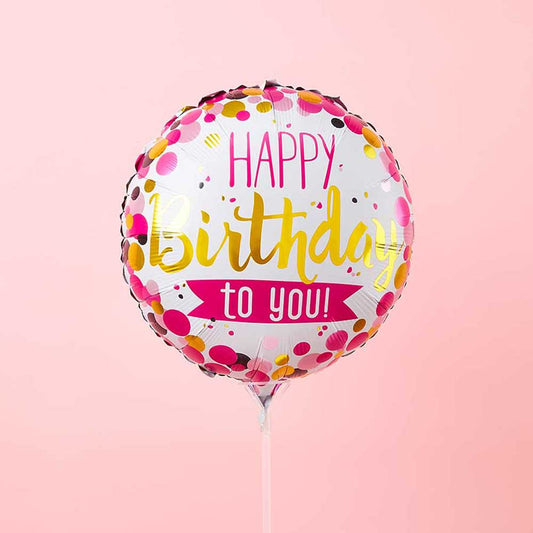 Pink and gold Happy Birthday foil balloon with confetti design and ribbon stick