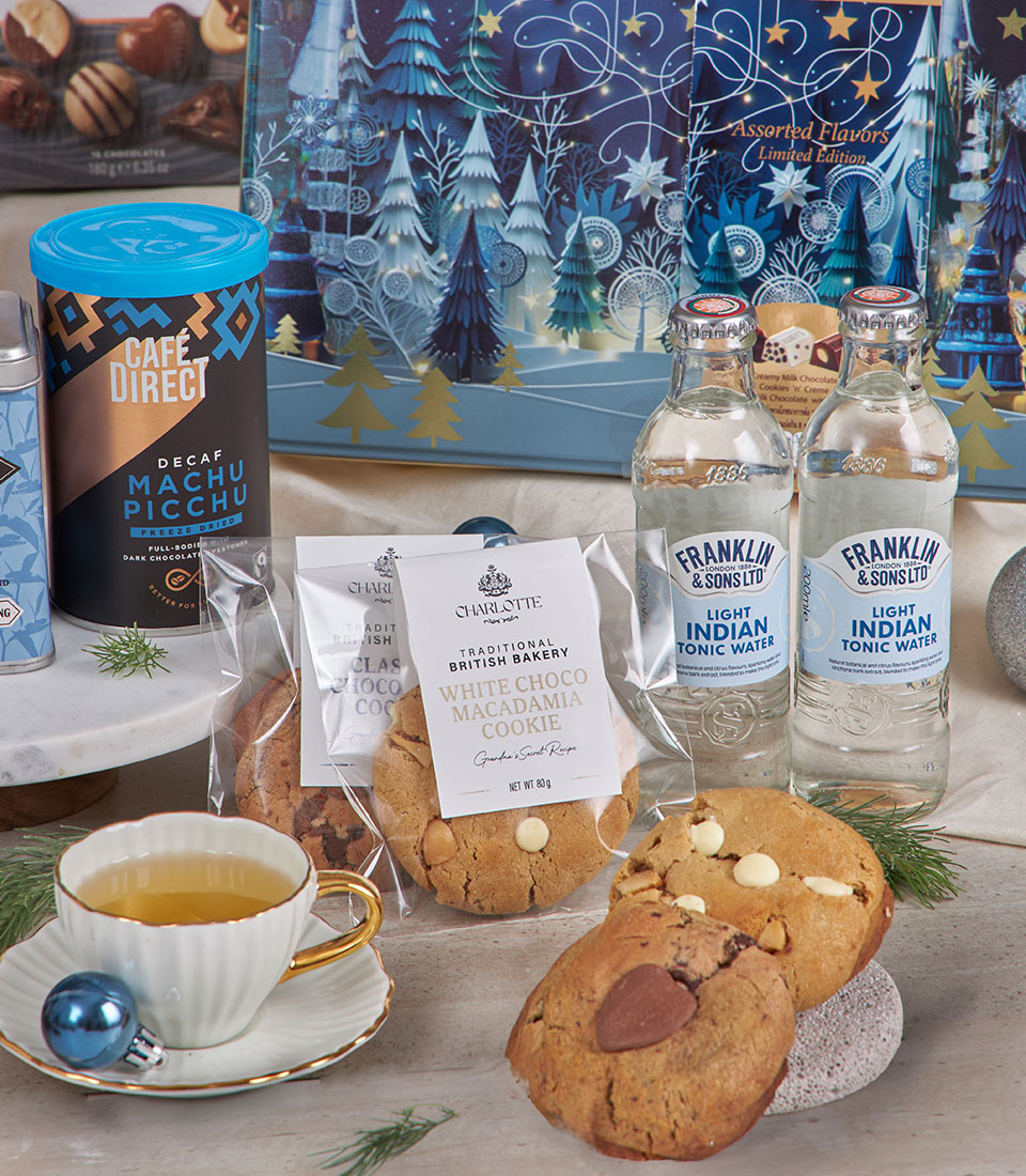 Blue Winter Deluxe Chocolate Hamper with gourmet cookies, premium coffee, tonic water, and artisan chocolates for New Year