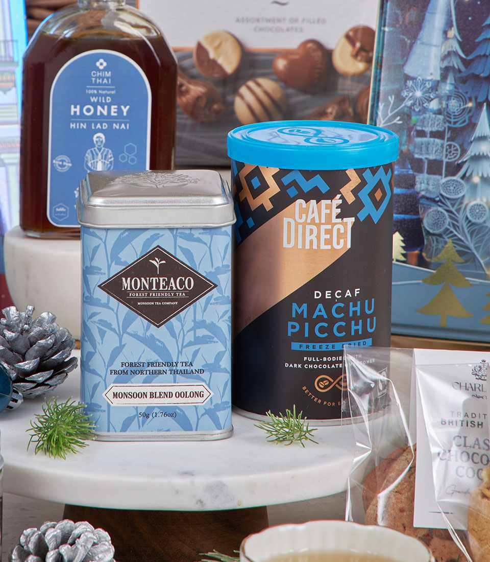 Blue winter luxury chocolate hamper with gourmet tea, coffee, and wild honey gift set