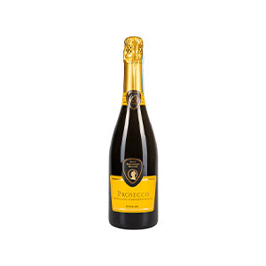Gold foil Prosecco bottle with black silhouette label, luxury sparkling wine gift for Christmas celebrations