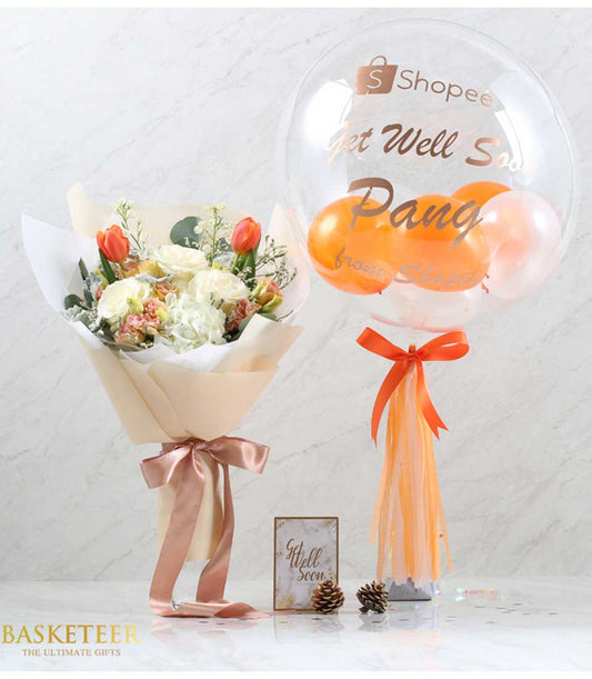 Orange tulip and white rose bouquet with personalized balloon combo gift set