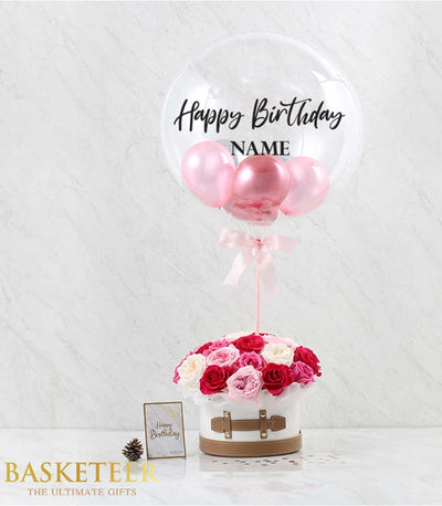 Red and pink roses with Happy Birthday balloons in luxury hatbox gift arrangement