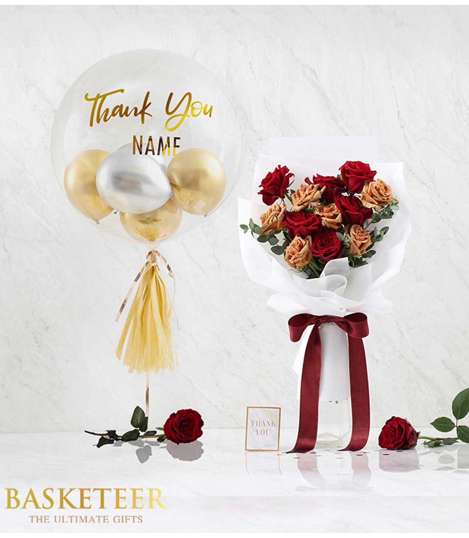 Premium rose bouquet with thank you gold balloon combo and gold tassel accent