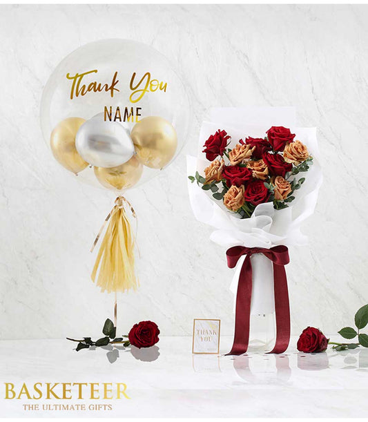 Premium rose bouquet with thank you gold balloon combo and gold tassel accent