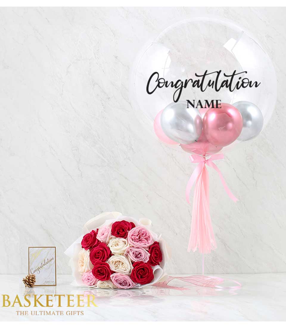 Pink rose bouquet with congratulations balloon combo and silver accents