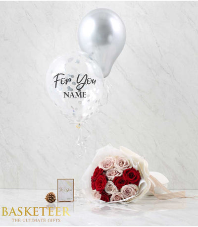 Premium rose bouquet with silver balloons and personalized confetti balloon gift set