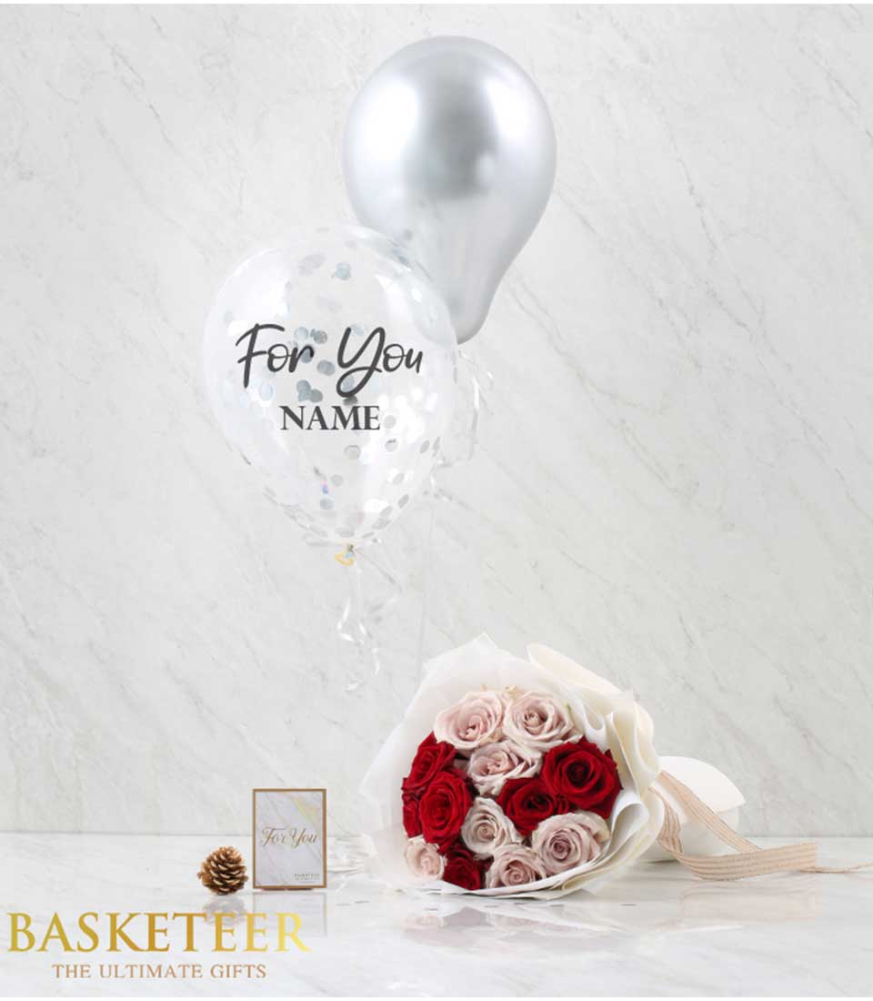 Premium rose bouquet with silver balloons and personalized confetti balloon gift set