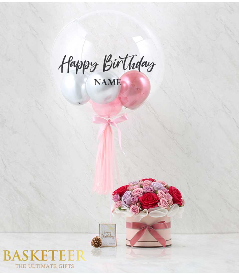 Happy Birthday fresh rose arrangement with pink balloons and bubble balloon in luxury gift box