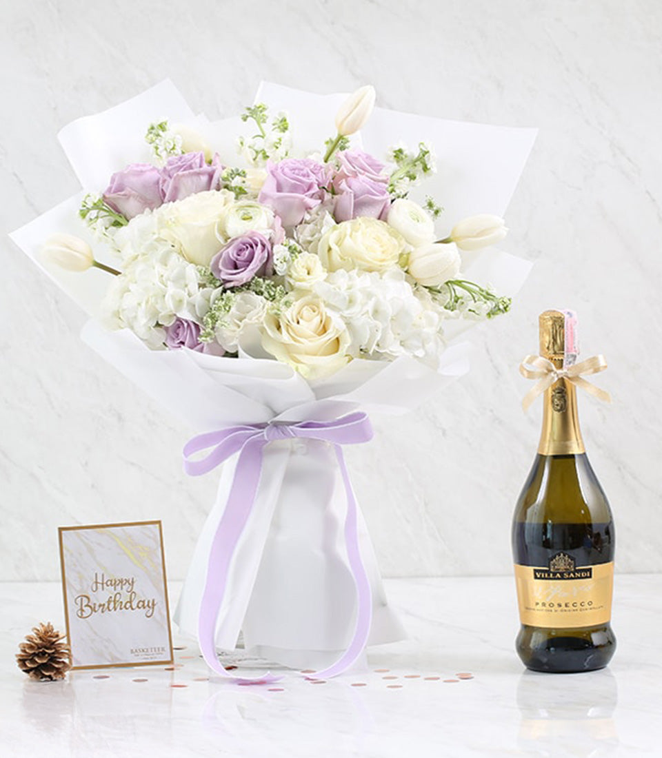 Lavender Whisper bouquet of white hydrangeas, cream and purple roses with Prosecco gift set for anniversaries