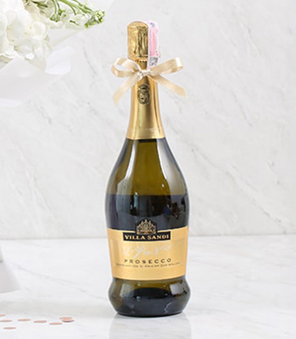 Lavender Whisper Bouquet with Villa Sandi Prosecco anniversary gift set, featuring fresh flowers and sparkling wine