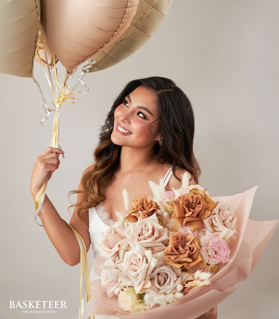 Dreamy blush roses with heart balloons in cream and pink tones, birthday gift for her