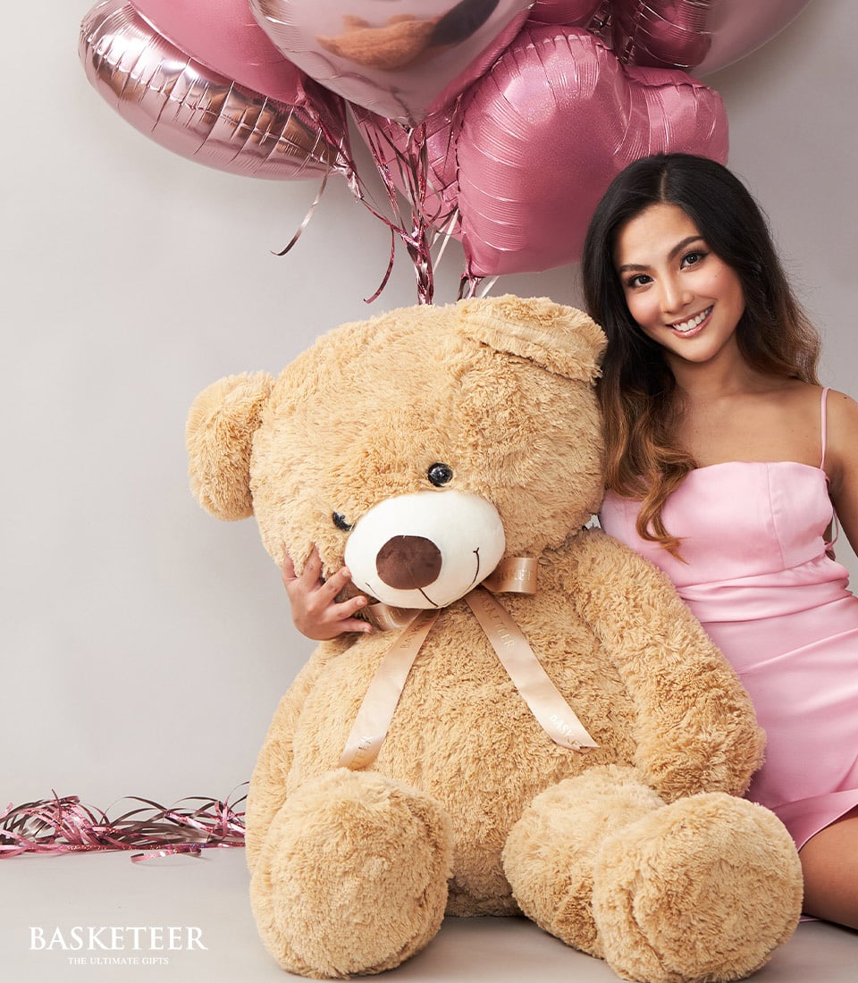 Luxury blush roses with teddy bear and metallic pink heart balloons birthday gift set