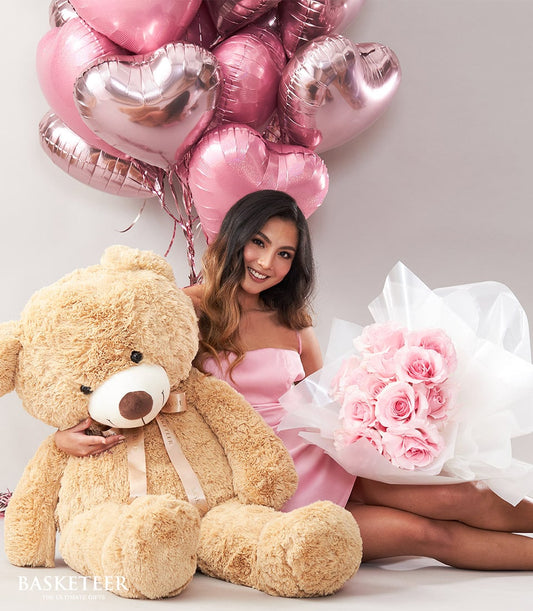 Blush pink roses with cuddly teddy bear and heart balloons, luxury birthday gift set for her