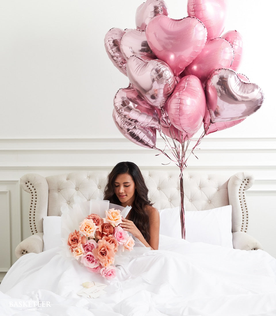 Pink rose and heart balloon combo gift for birthday celebrations