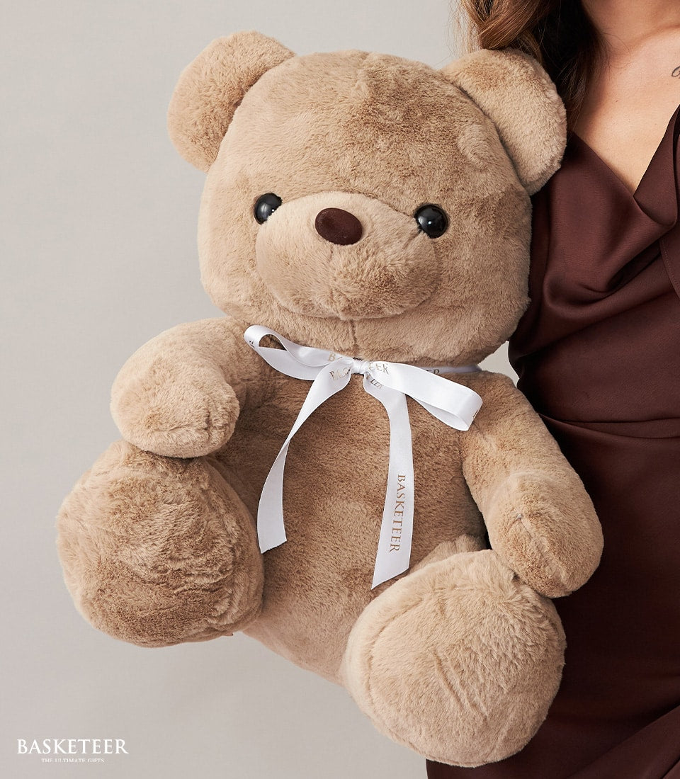 Cream plush teddy bear with satin ribbon bow, luxury birthday gift set