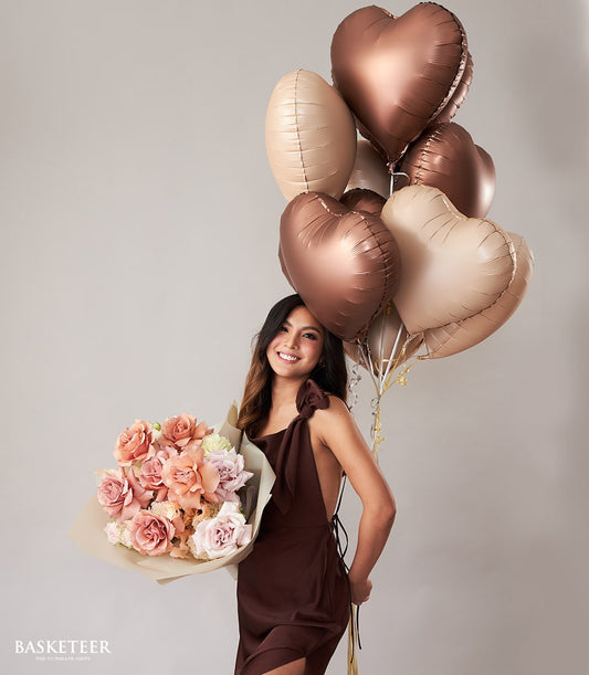 Romantic mocha roses bouquet with rose gold heart balloons for Valentine's Day