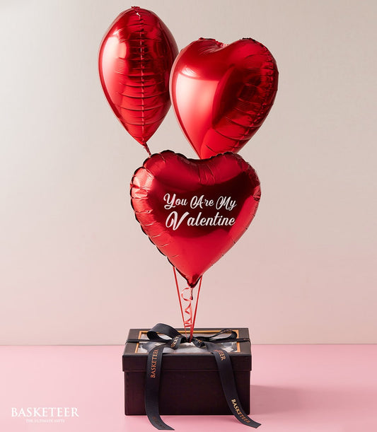 Red Valentine gift box with heart balloons and "You Are My Valentine" message