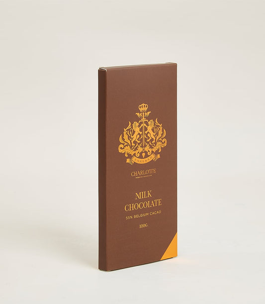 Charlotte premium milk chocolate bar, 100g 55% Belgian cacao box with gold crest emblem