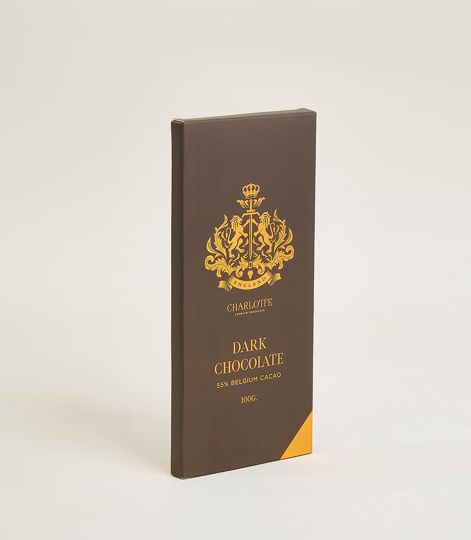 Charlotte Bakery dark chocolate bar, 55% Belgian cacao in premium brown packaging with gold crest design