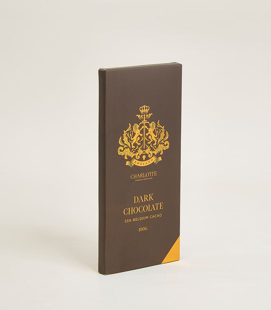 Charlotte Bakery dark chocolate bar, 55% Belgian cacao in premium brown packaging with gold crest design