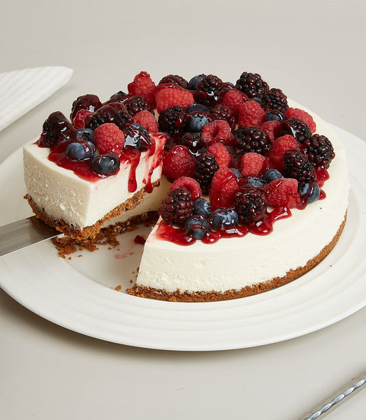 Whole berry cheesecake with graham cracker crust, fresh raspberries, blueberries, and blackberries with berry sauce
