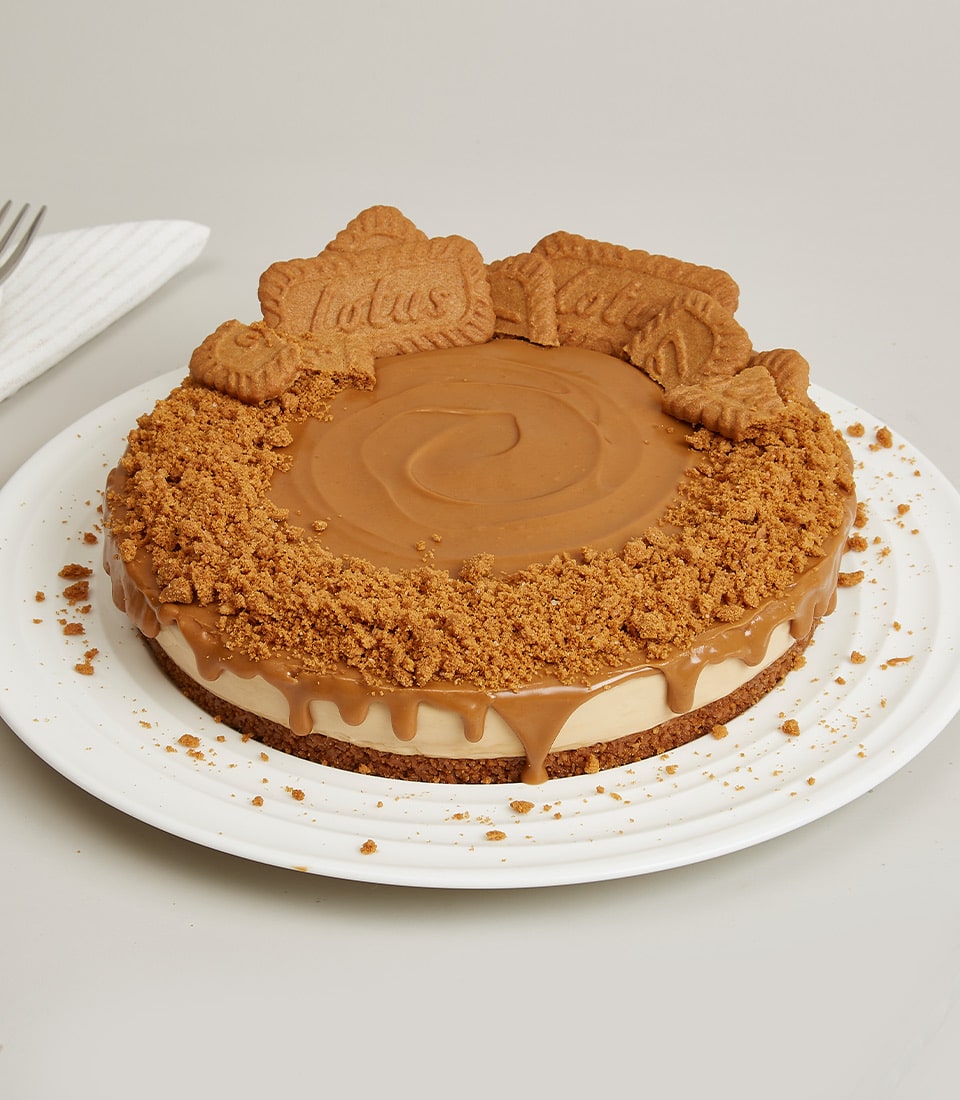 Lotus Biscoff cheesecake with caramel drip and crushed biscuit topping on white plate