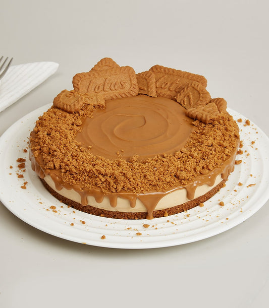 Lotus Biscoff cheesecake with caramel drip and crushed biscuit topping on white plate