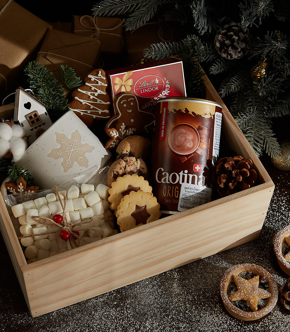 Winter Wonderland chocolate and gingerbread gift box with hot chocolate, cookies, marshmallows, and snowflake mug