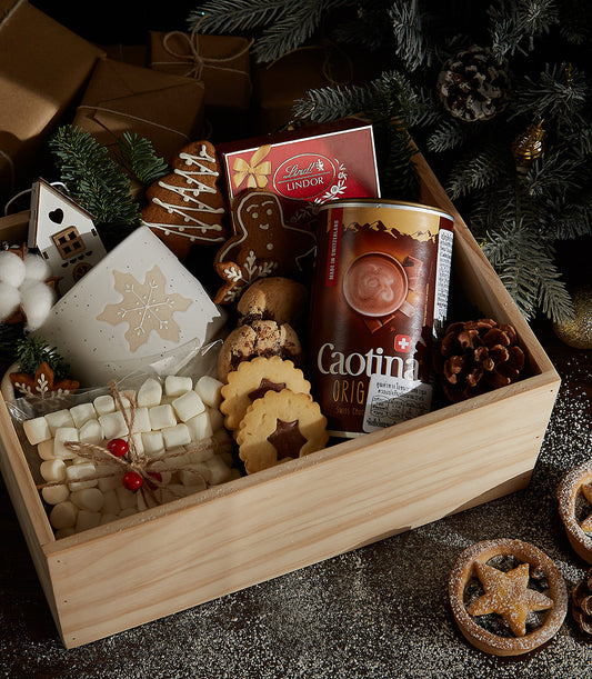 Winter Wonderland chocolate and gingerbread gift box with hot chocolate, cookies, marshmallows, and snowflake mug
