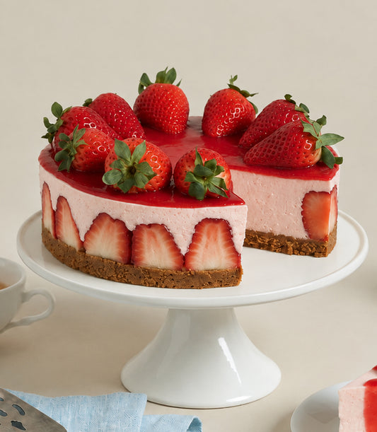 Charlotte Bakery's artisan Fresh Strawberry Biscoff Cheesecake on a white stand
